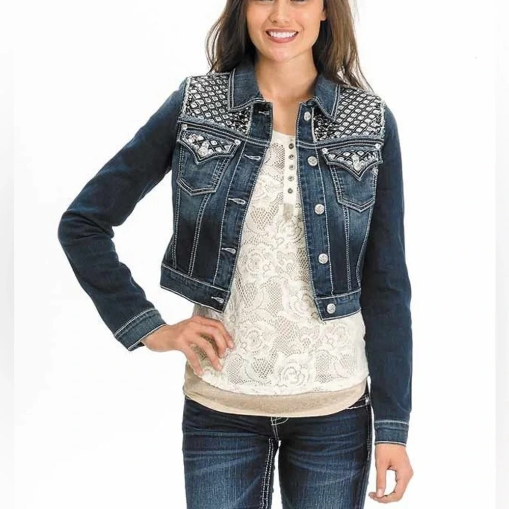 Miss Me Cropped Rhinestone Jean Jacket - Picture 5 of 5
